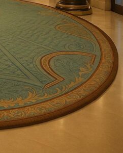 Detalle de esquina de alfombra artesanal fabricada por AM Alfombras, fábrica de alfombras en España